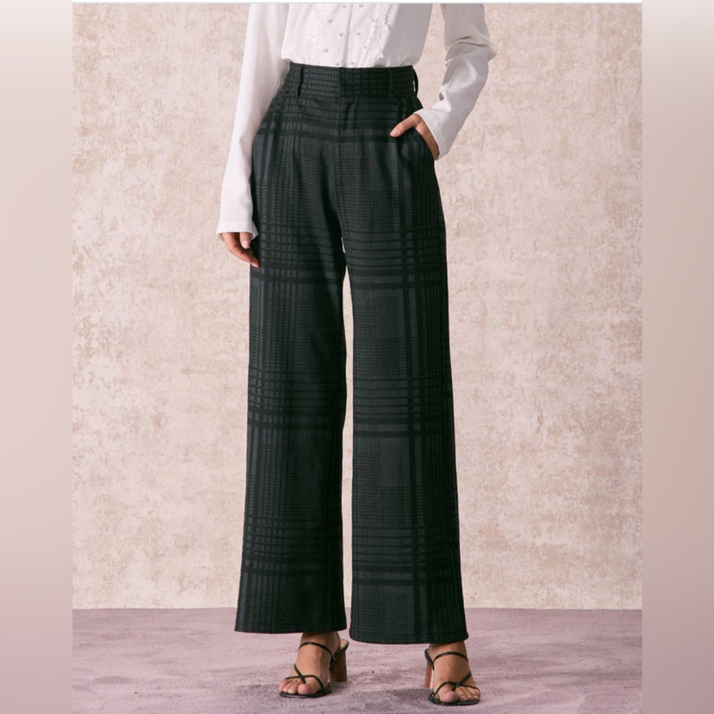 NWT RIHOAS The Grey High Waisted Plaid Wide Leg Pants Sz L